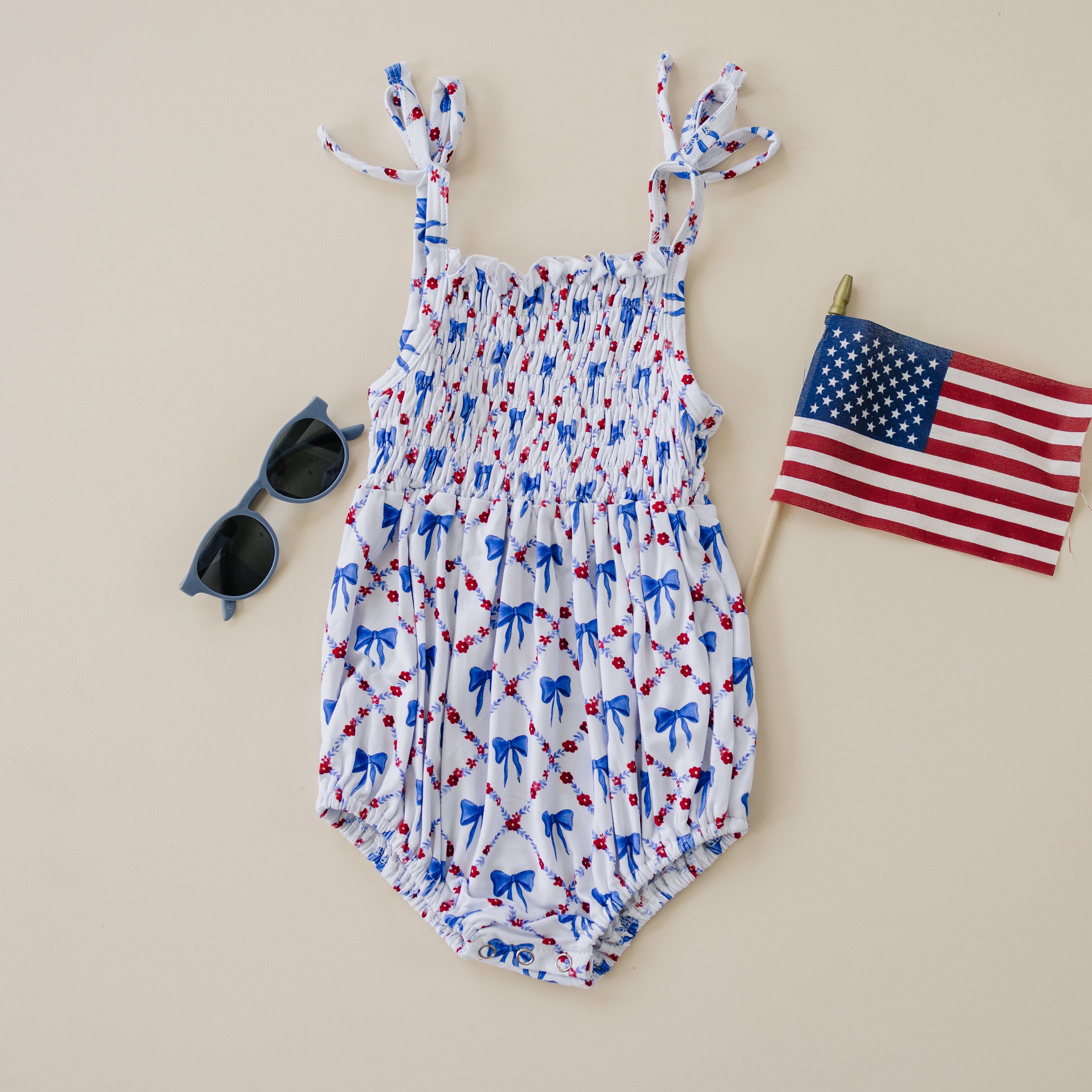 Smocked Red, White and Bows Bamboo Bubble Romper